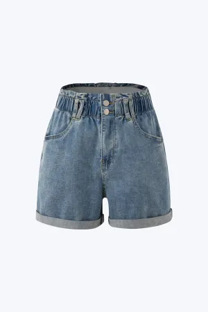 Subtle Texture Modern Look Denim Paper Bag Shorts - Denim