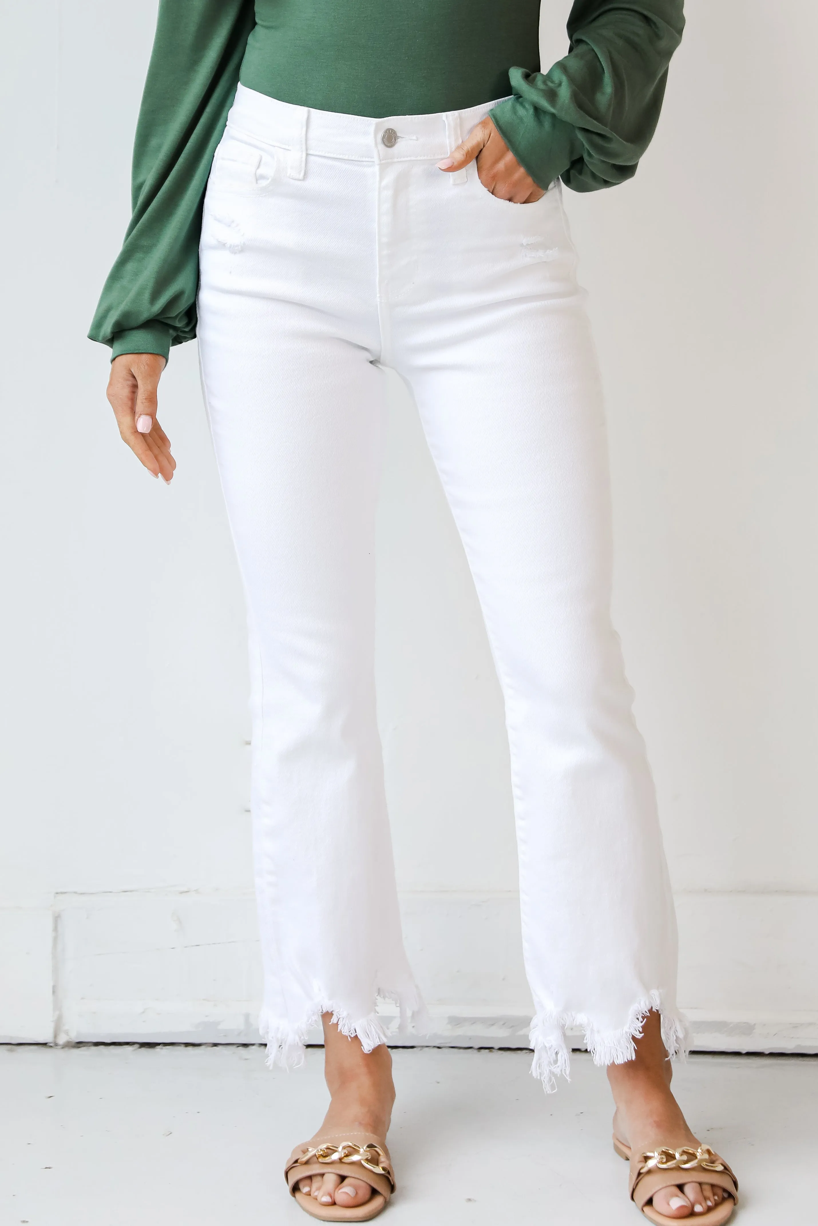 High Society White Distressed Cropped Flare Jeans Smooth Style Textured Loose Luxury