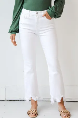 Timeless casual Evening Stroll Weekend Getaway High Society White Distressed Cropped Flare Jeans