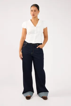 Relaxed Basics Outfit Formula Abrand 95 Mid Baggy Richie Turn Up Dark Blue Denim
