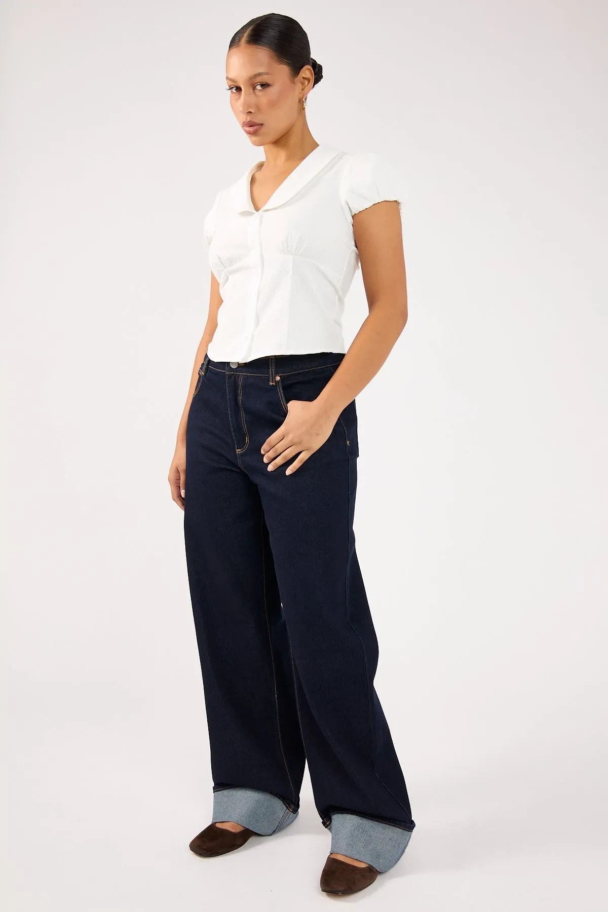 Abrand 95 Mid Baggy Richie Turn Up Dark Blue Denim Outfit Basic Permanent Crease Retention