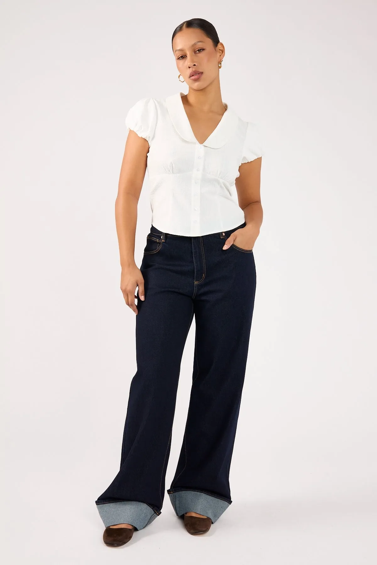 Layered Look No Fuss Wear Abrand 95 Mid Baggy Richie Turn Up Dark Blue Denim