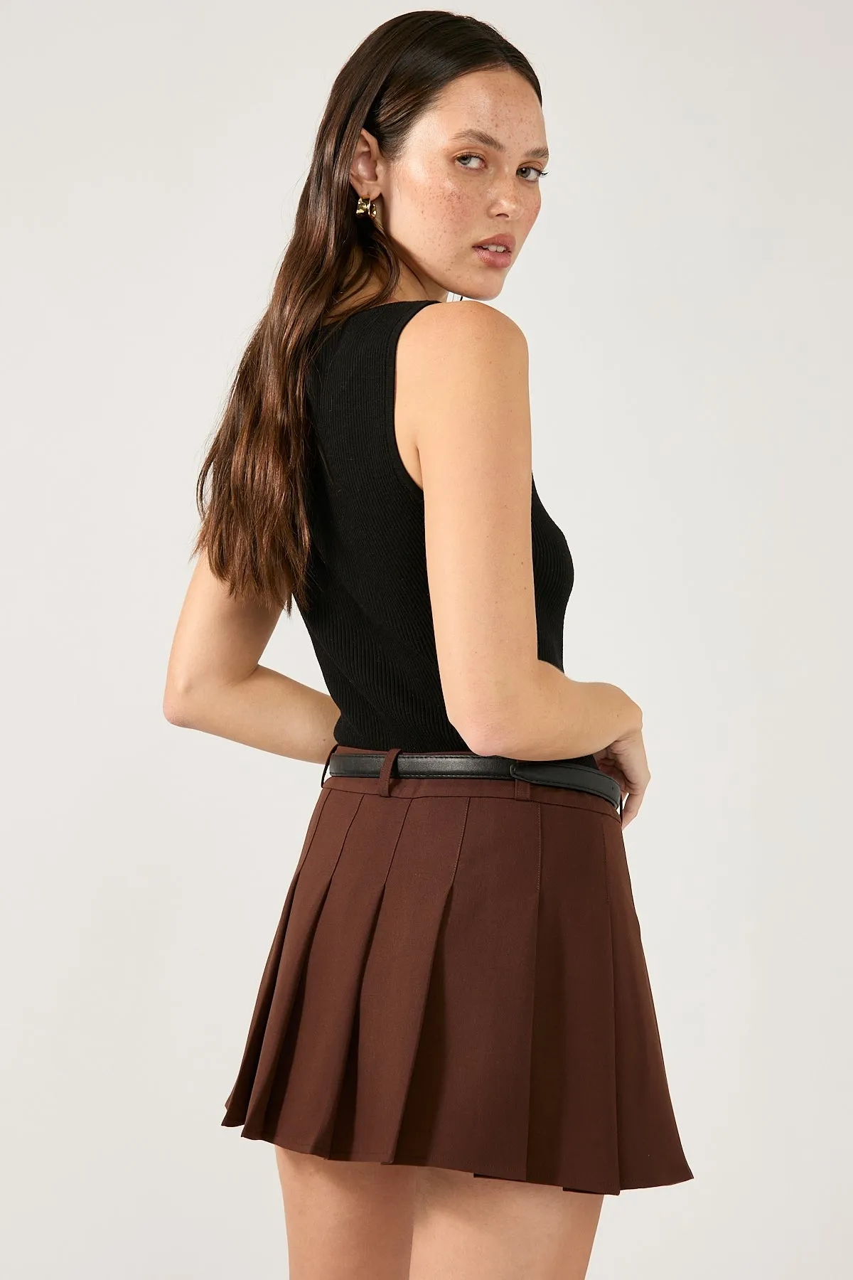 Flat Lay Collar Ankle length Perfect Stranger Luca Mid Rise Pleated  Skort Brown