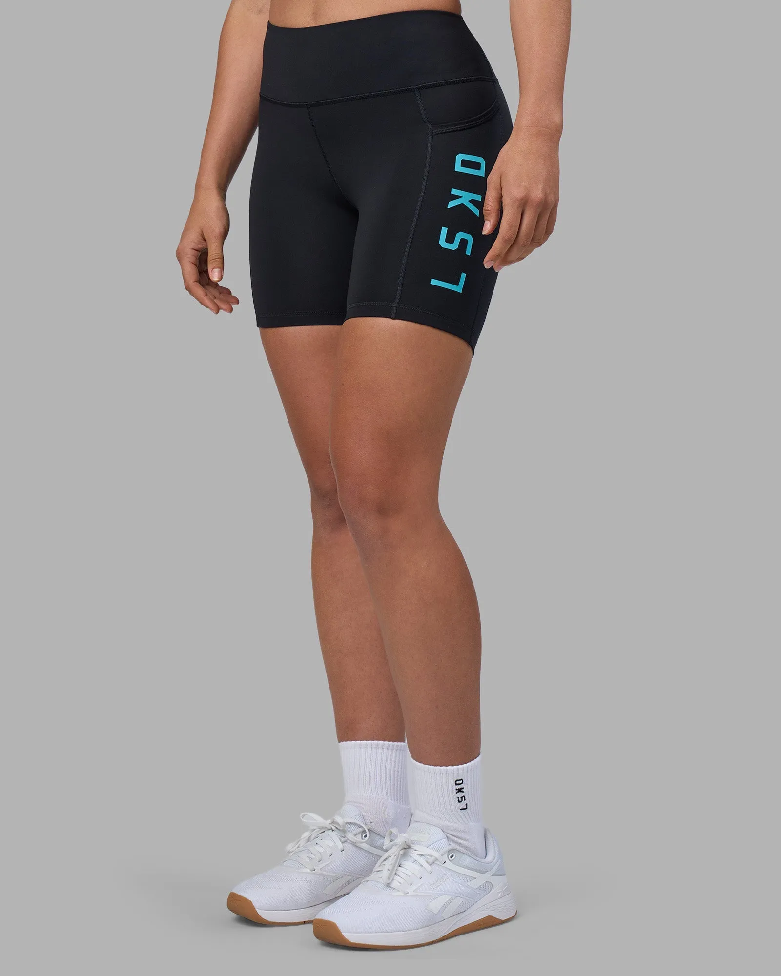 Rep Ultra High-Rise 6" Short Pockets - Black-Blue Atoll Vegan Leather Comfy Style